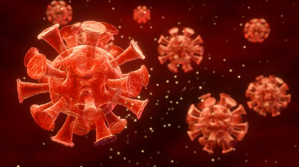 Koronavirová infekce s kopírovacím prostorem, mikroskopický pohled. 3D vykreslení — Stock fotografie