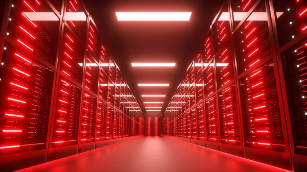 Interno della sala server in pericolo, hackerato nel datacenter, luci rosse. Render 3D — Foto Stock