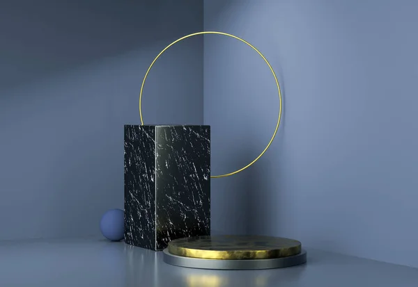 Fondo de la exhibición de la etapa de representación 3d, anillo de oro, soporte de mármol — Foto de Stock