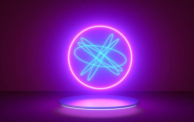 Soyut uçuş, podyumda neon ışıklı halka şekli. 3 Boyutlu Hazırlama