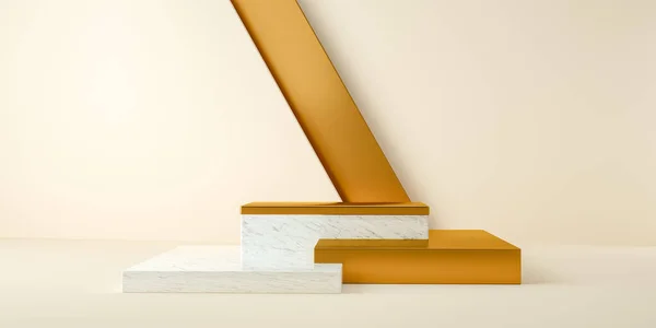 3D render, absztrakt és modern minimalista háttér fehér márvány és arany. Üres peron — Stock Fotó