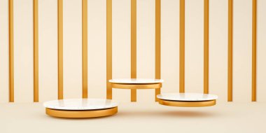 3 boyutlu, soyut ve modern minimalist arkaplan, beyaz mermer ve altın. Boş platform