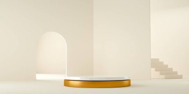 3D işlemeli, modern ve minimalist arka plan beyaz mermer ve altın soyut iç mekan