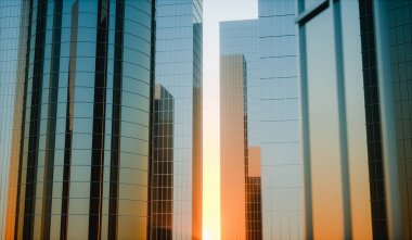 3D Illustration. Modern cam yüksek binalar. Endüstriyel mimari.