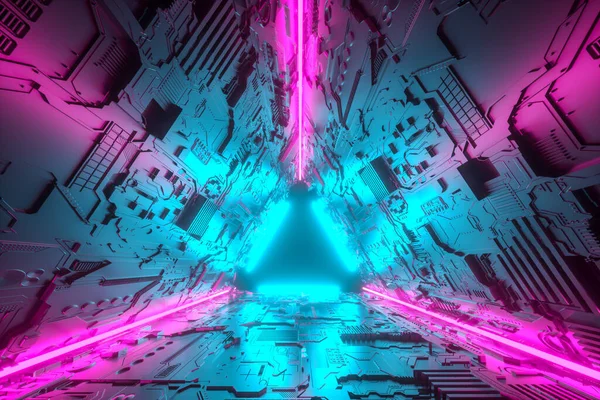 Ilustración 3D. Futurista corredor del túnel de ciencia ficción con luces de neón. Concepto futurista y de ciencia ficción. — Foto de Stock