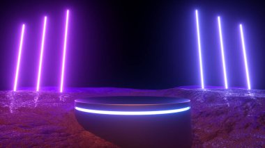 3D Illustration. Modern fütürist parlak neon ışıklar ve podyum. Gelecekçi ve bilim kurgu kavramı.
