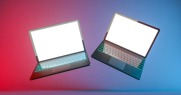 Due Gaming portatile galleggiante con colore led tastiera bagliore a sfondo blu e rosso. rendering 3d — Foto Stock