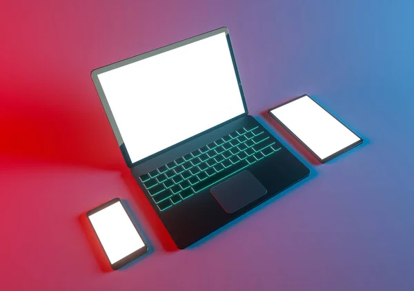 Gaming laptop phone and tablet mockup. 3d render