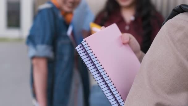 Tres Estudiantes Irreconocibles Hablando Durante Los Descansos Clase — Vídeos de Stock