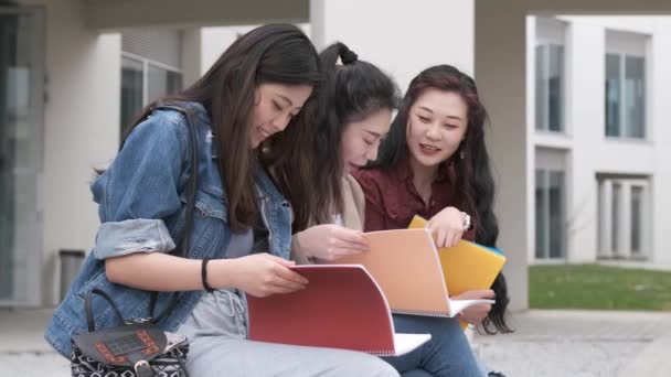 Τρεις Ασιάτισσες Μαθήτριες Που Μιλάνε Στο Διάλειμμα Καθισμένες Στο Πανεπιστήμιο — Αρχείο Βίντεο