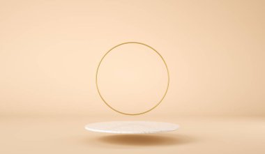 Empty floating platform for product presentation with golden ring. 3d render