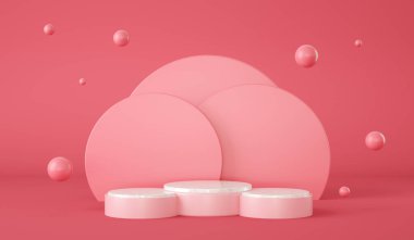 Empty pink podium with circles at background and spheres floating. Product presentation. 3d render