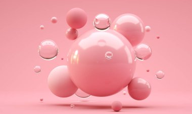 3D Illustration. Pembe arka planda farklı boyutlarda parlak toplar. Soyut arkaplan kavramı.