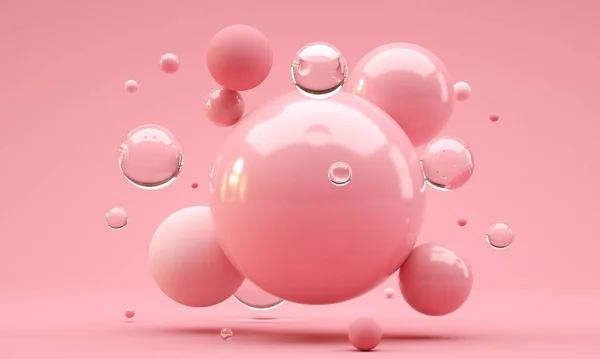 3D Εικονογράφηση. Λαμπερές μπάλες με διαφορετικό μέγεθος σε ροζ φόντο χρώμα. Αφηρημένη έννοια. — Φωτογραφία Αρχείου