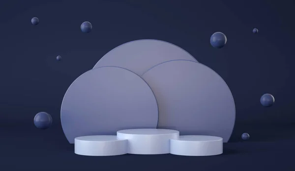 Empty blue podium with circles at background and spheres floating. Product presentation. 3d render — Φωτογραφία Αρχείου