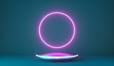 Çemberin neonunda uçmak, pembe ışık, hareketli moda podyumu, soyut arka plan. 3d hazırlayıcı