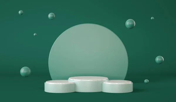 Κενό πράσινο βάθρο με κύκλους στο βάθος και σφαίρες να αιωρούνται. Παρουσίαση προϊόντος. 3d απόδοση — Φωτογραφία Αρχείου