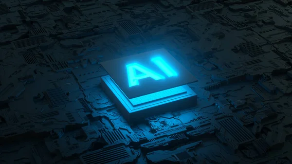 Placa de circuito y microprocesador AI, Inteligencia artificial del ser humano digital. 3d renderizar — Foto de Stock