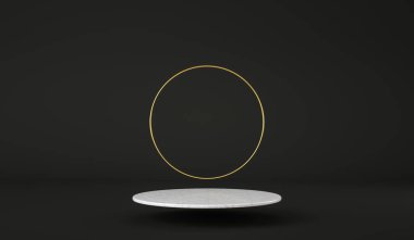 Clean marble platform floating with golden ring at black background, product presentation, 3d render