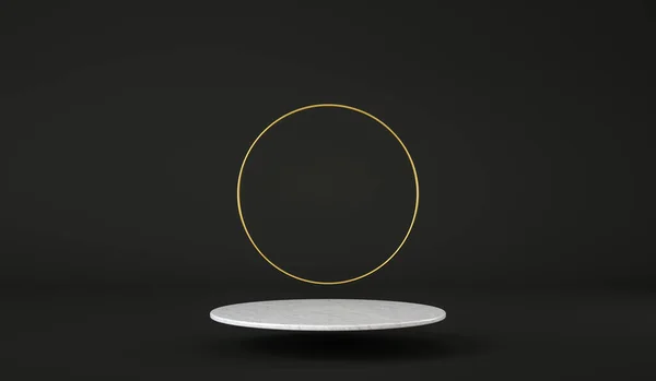 Clean marble platform floating with golden ring at black background, product presentation, 3d render — Foto de Stock