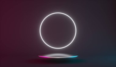Fütürist neon ışığı ürünü sahne veya podyum kaidesi. 3d hazırlayıcı