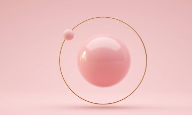 Altın yüzüklü ve yörünge küreli uçan top. Pembe renk. 3d hazırlayıcı