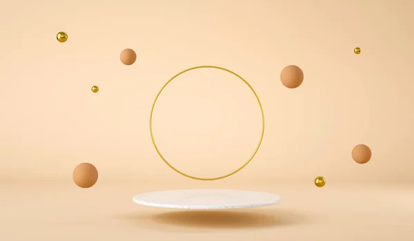 Plataforma de mármol limpio flotando con anillo de oro y esferas flotantes, presentación del producto 3d render — Foto de Stock