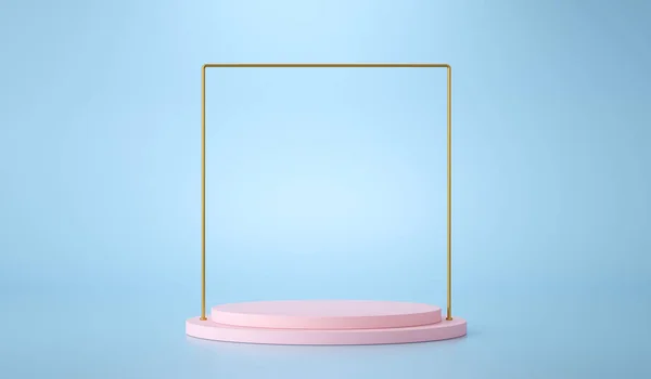 Podio rosa con marco dorado sobre fondo azul para la presentación del producto. renderizado 3d — Foto de Stock