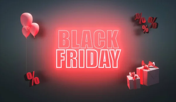 3d render. Glowing black friday banner with red neon letters. Modern design for advertising. — Stock Photo, Image