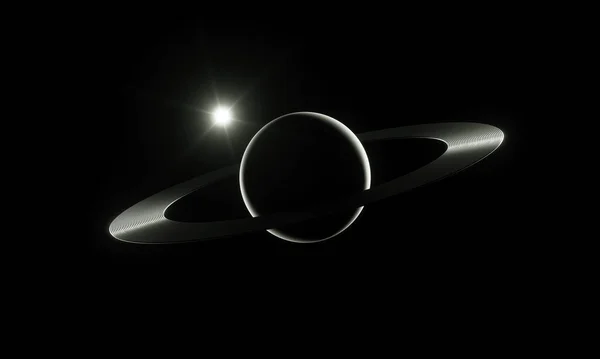 3D απόδοση. Φωτεινός και λαμπερός πλανήτης με δακτύλιο στο διάστημα. Έννοια επιστημονικής φαντασίας. — Φωτογραφία Αρχείου