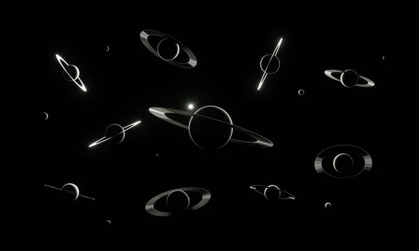 3D-s renderelés. Sok világító bolygó gyűrűkkel a világűrben. Sci-fi koncepció. — Stock Fotó