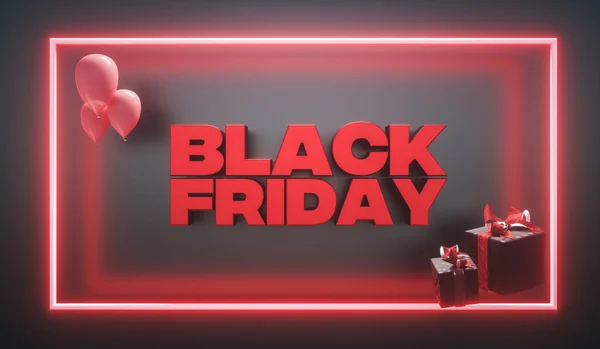 3d render. Banner for the Black Friday sale with neon lights and gift boxes — Stock Photo, Image