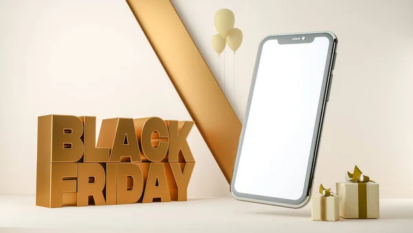 3D render. Black friday sale banner background with a smart phone. Template design for advertising — Stock Photo, Image
