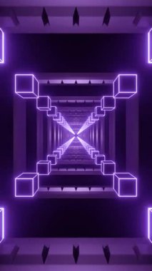 Simetri, derinlik, mor ışıklandırma, pürüzsüz hareket içeren, gelecekteki parlayan küp tünellerin kusursuz döngüsü