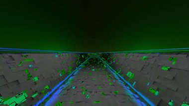 3D kusursuz fütüristik bilim kurgu tüneli sonsuz perspektifte neon pembe ışıklarla parıldıyor.