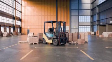 Modern forklift manevraları ve tahta paletlerin üzerine karton kutular istifleme. Büyük bir tesiste etkili lojistik ve depolama operasyonları