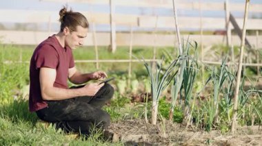 Günümüz genç çiftçisi, pırasa bitkilerinin büyümesini yönetmek ve analiz etmek için dijital tablet kullanarak güneşli bir bahçede çömeliyor.