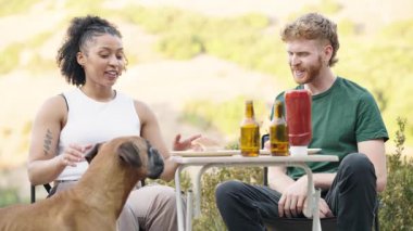 Genç çift boksör köpekleriyle piknik yapıyor. Erkek ve kadın hamburger yiyip dışarıda bira içiyorlar, romantik bir buluşmanın tadını çıkarıyorlar.