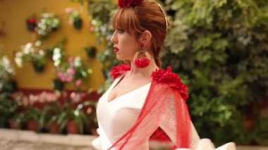 Geleneksel beyaz ve kırmızı elbiseli güzel bir kadın süslü bir İspanyol verandasında zarif bir şekilde flamenko dansı yapıyor.