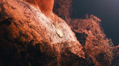 Binlerce parıldayan altın parçacıktan oluşan dijital insan göğsü. Gelecek teknolojisi, biyometri ve yapay zeka kavramı.