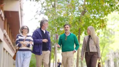 Bir grup şık orta yaşlı arkadaş ağaç sıralı şehir caddesinde yürürken keyifli bir sohbet ediyorlar.