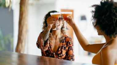 İki farklı kadın arkadaşlığı ve yaz tatilini kutluyor, dinlendirici içkilerle bardakları kaldırıyor.