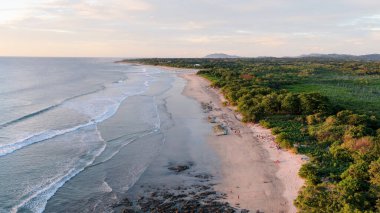 Kosta Rika 'daki Avellanas Sahili' nin havadan görünüşü. Okyanus dalgaları kumlu tropikal kıyı şeridine ve gün batımında yemyeşil bitkilere ulaşıyor.