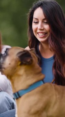 Mutlu esmer kadın sevimli kahverengi köpeğini şefkatle okşuyor. Gülümsüyor ve evcil hayvanıyla parkta güzel bir günün tadını çıkarıyor.