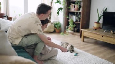 Genç erkek partnerler evde birlikte vakit geçirip, kabarık kedileriyle yerde oynuyorlar. Eşcinsel ilişki kavramını sevmek