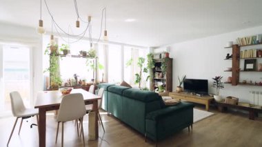 Modern ve şık açık bir yaşam alanı yemek alanı ve rahat yeşil bir kanepe, hepsi parlak, doğal ışıkla yıkanmış.