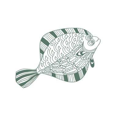 beyaz bir arka plan üzerinde karikatür tarzında kabataslak balık halibut