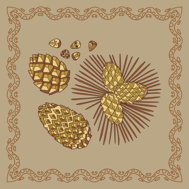 Baykal pinecones doodle tarzında illüstrasyon. Vektör tek renkli