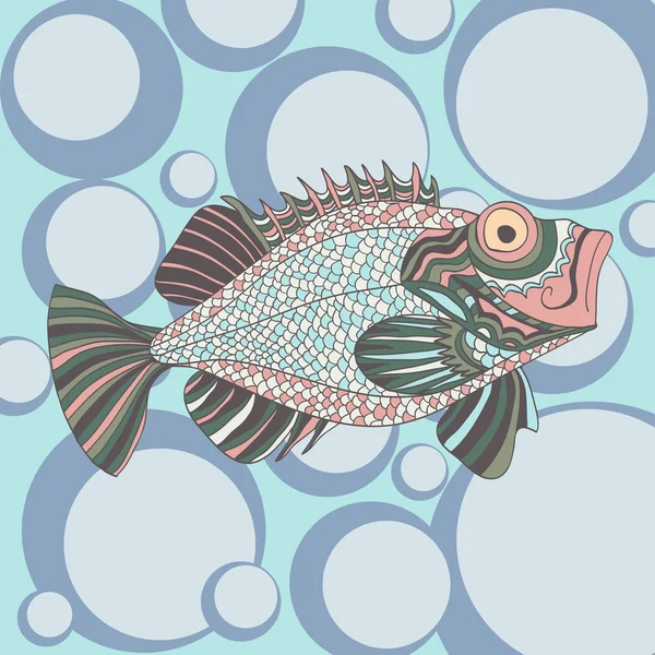 Πρόχειρο ψάρι λαβράκι σε στυλ κινουμένων σχεδίων στο φόντο του μπλε — Διανυσματικό Αρχείο