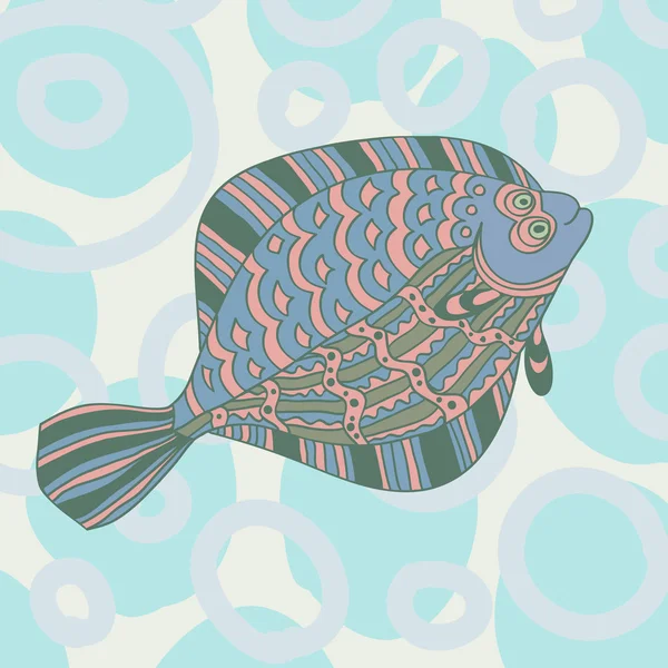 Flétan de poisson esquissé en style dessin animé sur un fond gris clair — Image vectorielle